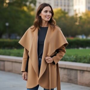Waverly G Waterfall Short Coat Drape Collar Transition to Hood Cinch Belt Tan S